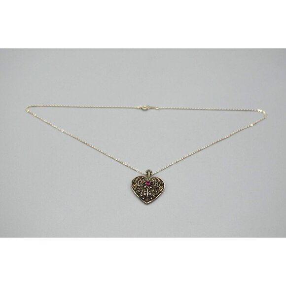 Sterling Silver Heart Pendant w Ruby Stone FM 83 Franklin Mint Filigree 925 - Picture 2 of 11